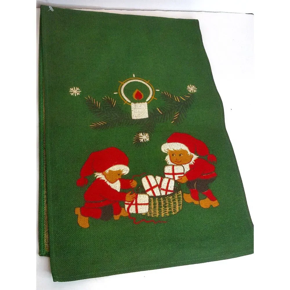 Vintage Swedish Christmas Table Runner Embroidered Nisse Elves